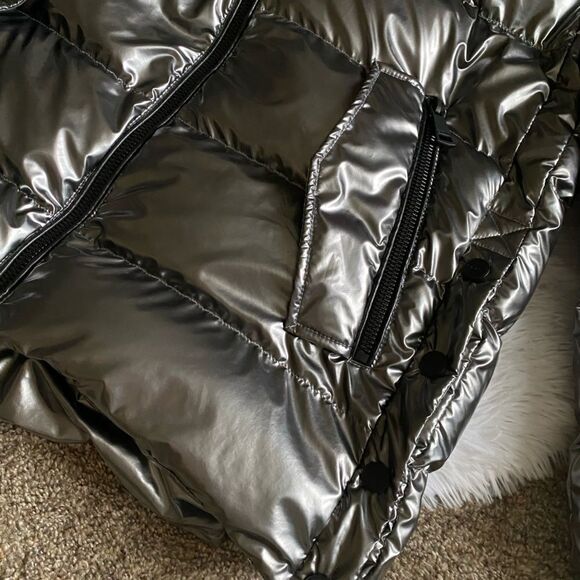 DKNY Silver Puffer Coat Bubble Lined Puffy Shiny Metallic Gunmetal Womens Large - Picture 7 of 13